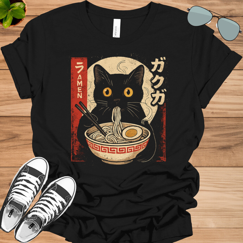 Kawaii Cat Eating Ramen T-Shirt | Funny Anime Gift for Girls &amp; Teens