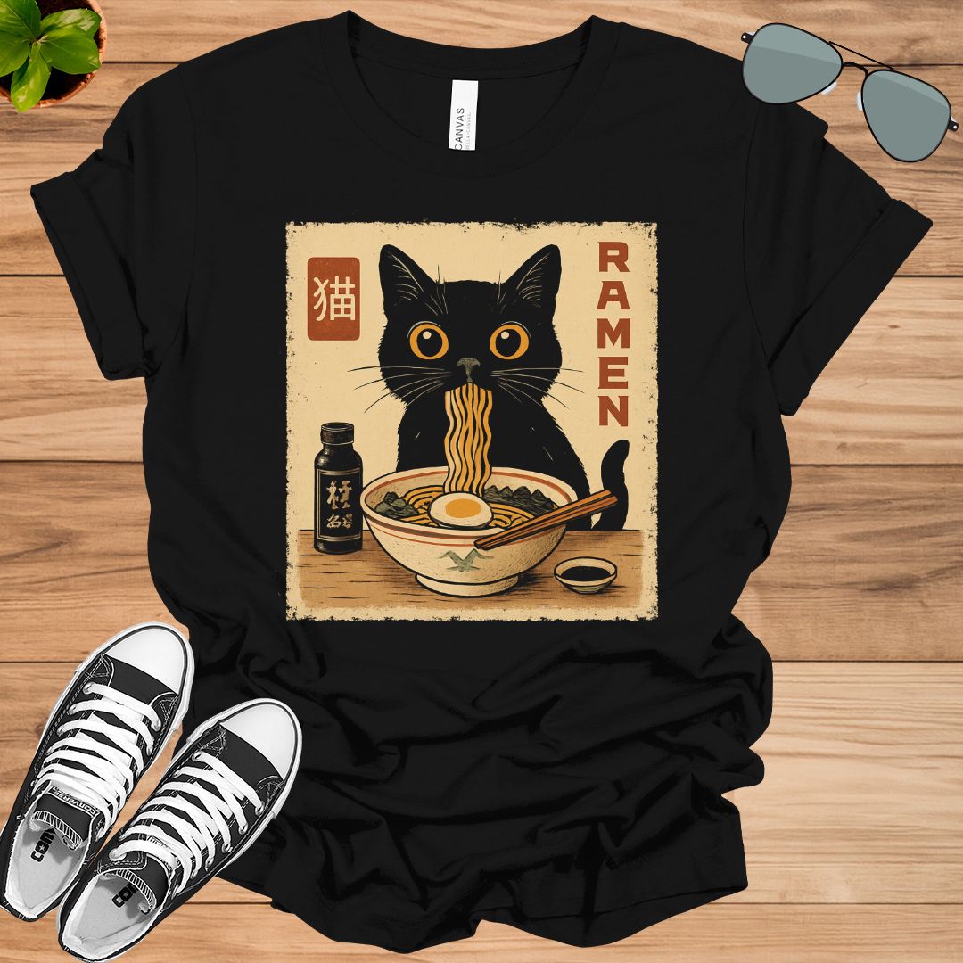 Kawaii Cat Eating Ramen Anime Unisex T-Shirt