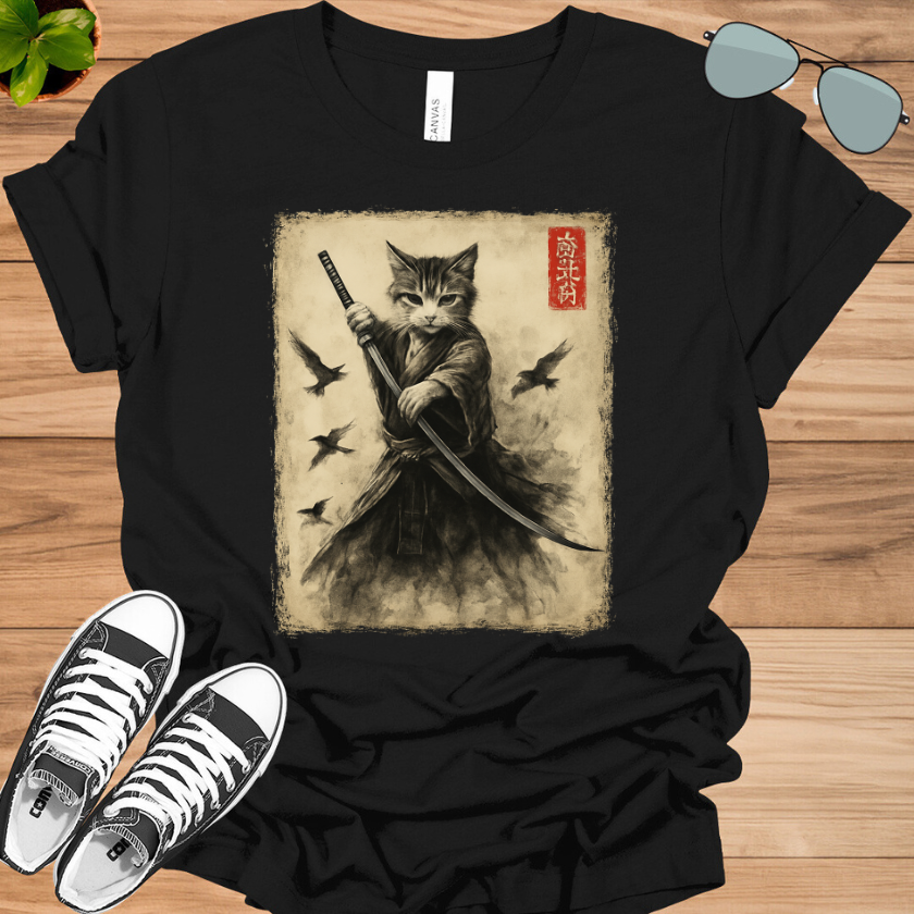 Samurai Cat Graphic Tee | Vintage Japanese Warrior Anime T-Shirt