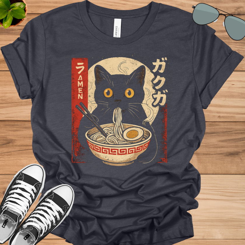 Kawaii Cat Eating Ramen T-Shirt | Funny Anime Gift for Girls &amp; Teens