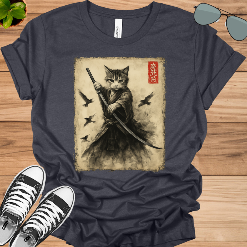 Samurai Cat Graphic Tee | Vintage Japanese Warrior Anime T-Shirt