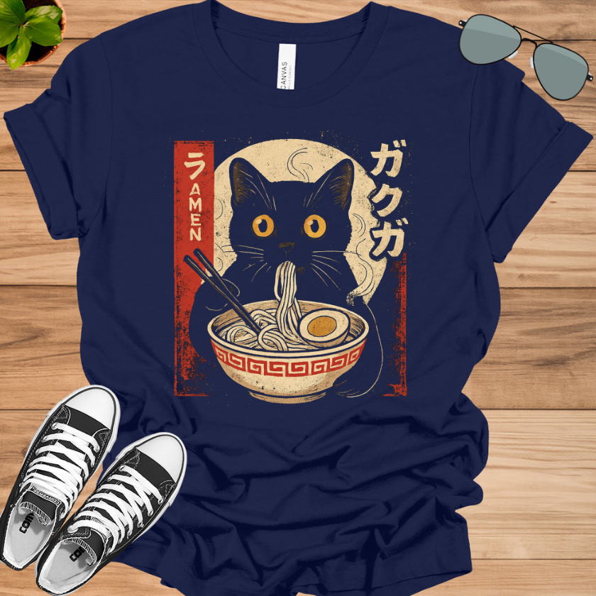 Kawaii Cat Eating Ramen T-Shirt | Funny Anime Gift for Girls &amp; Teens