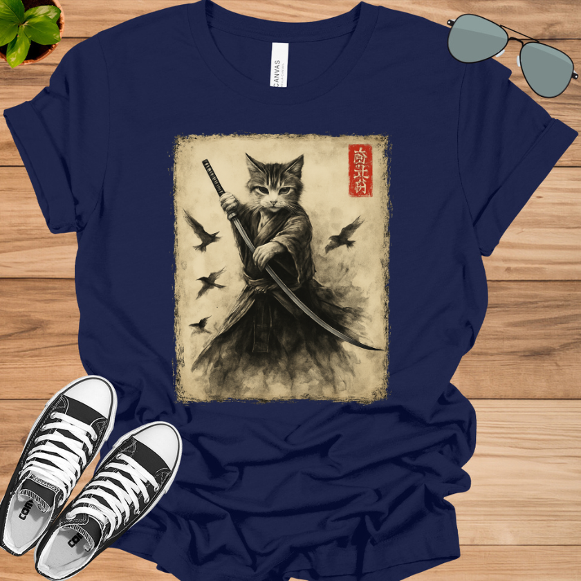 Samurai Cat Graphic Tee | Vintage Japanese Warrior Anime T-Shirt