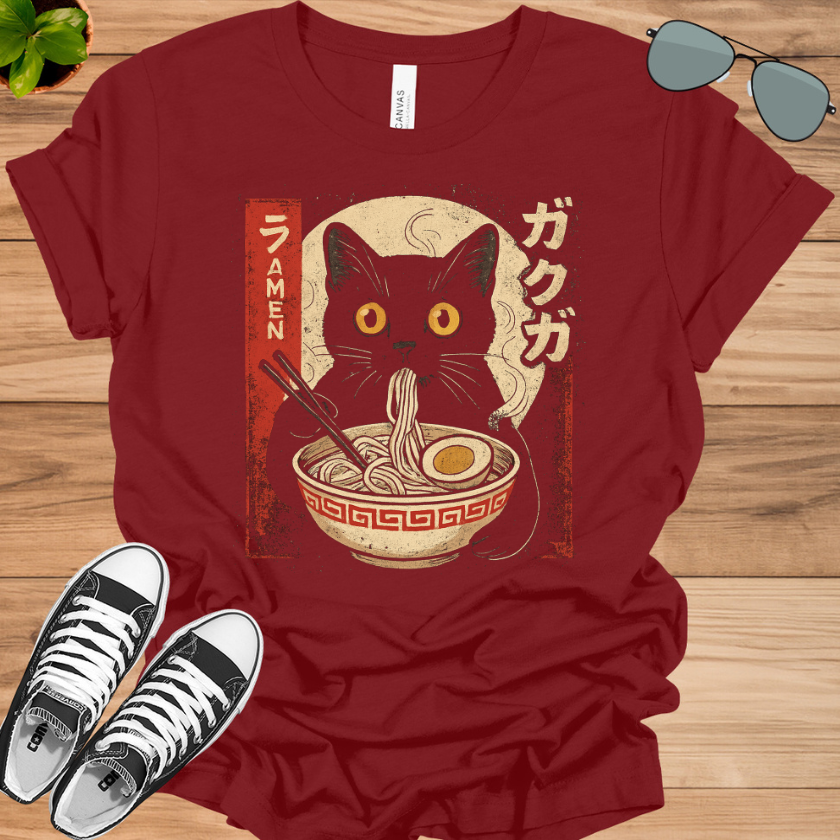 Kawaii Cat Eating Ramen T-Shirt | Funny Anime Gift for Girls &amp; Teens