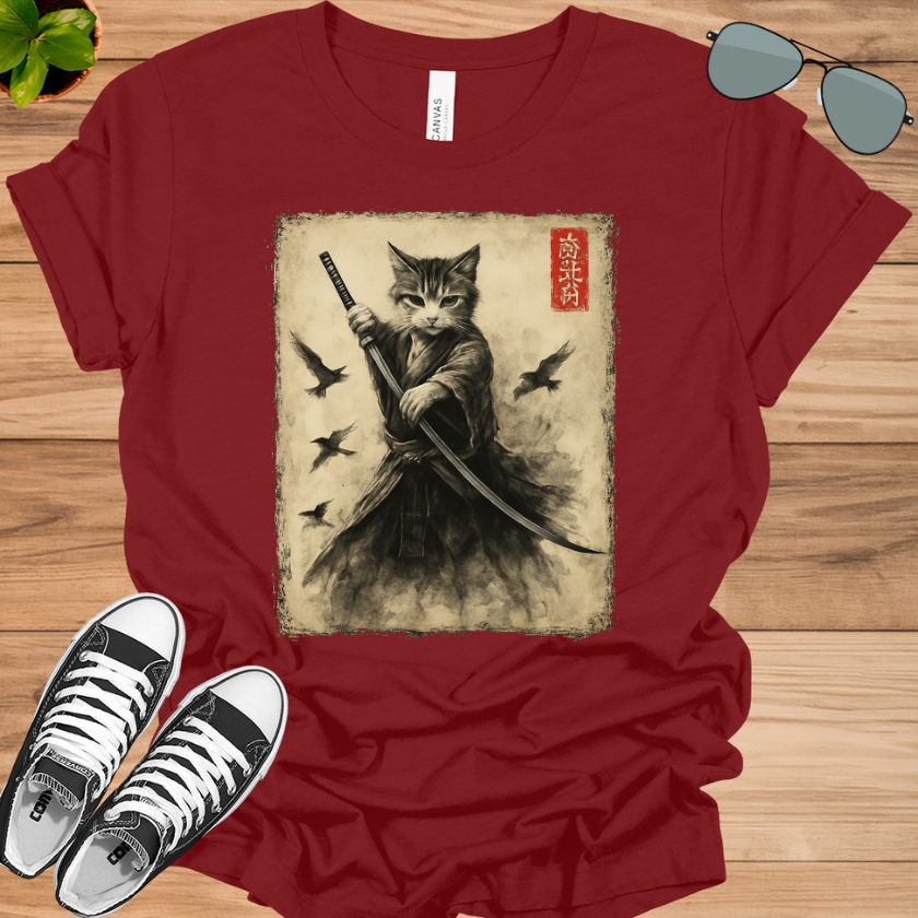 Samurai Cat Graphic Tee | Vintage Japanese Warrior Anime T-Shirt