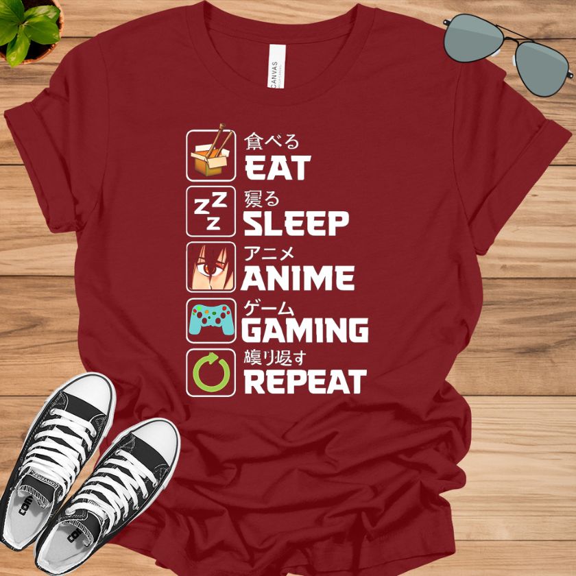 Eat Sleep Anime Gaming Repeat T-Shirt | Kawaii Otaku Manga Tee