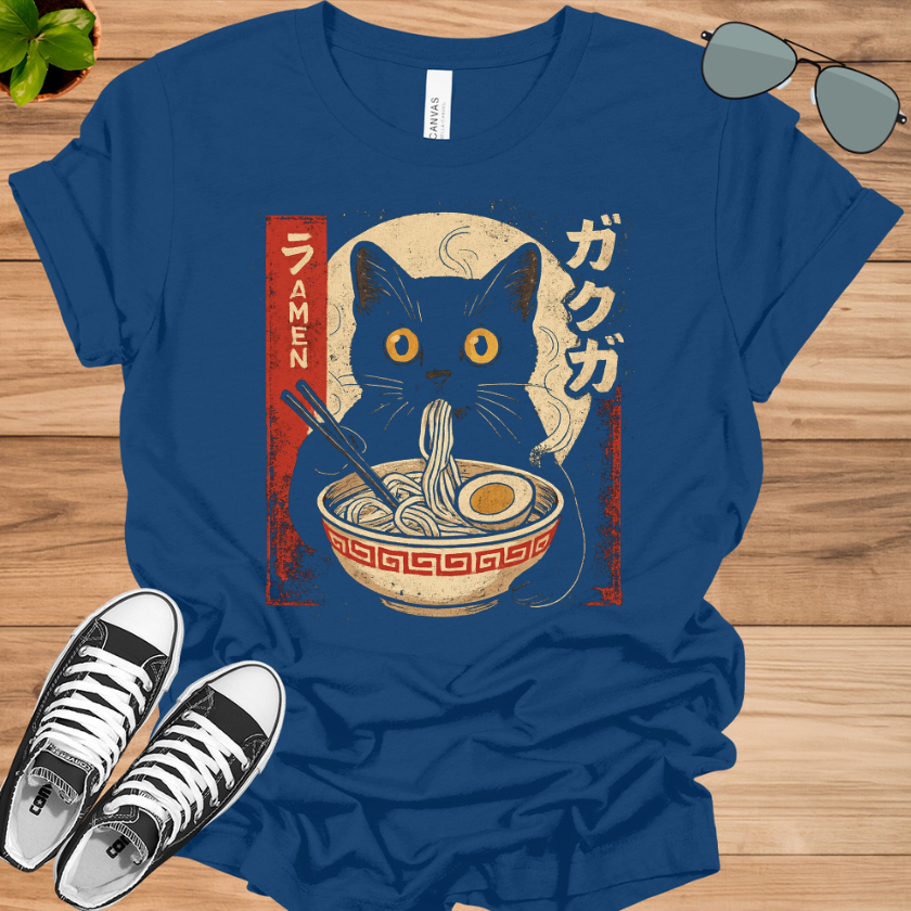 Kawaii Cat Eating Ramen T-Shirt | Funny Anime Gift for Girls &amp; Teens
