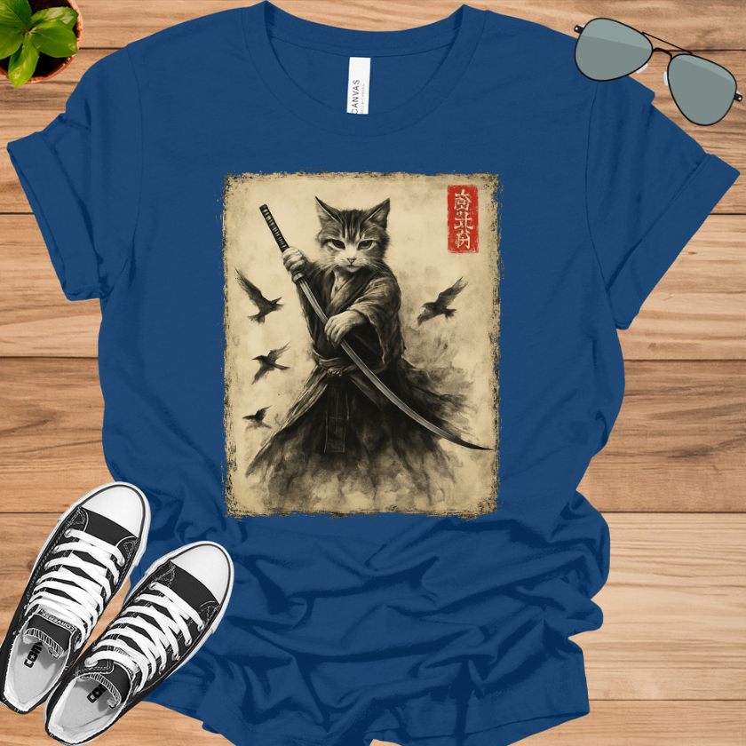 Samurai Cat Graphic Tee | Vintage Japanese Warrior Anime T-Shirt