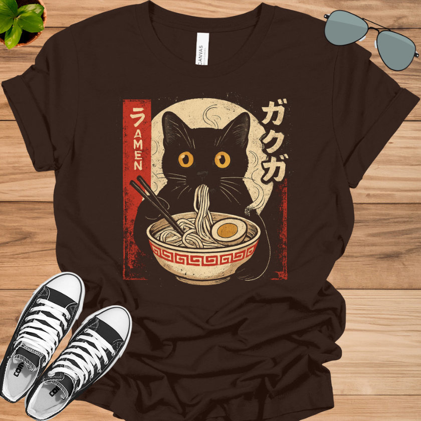 Kawaii Cat Eating Ramen T-Shirt | Funny Anime Gift for Girls &amp; Teens