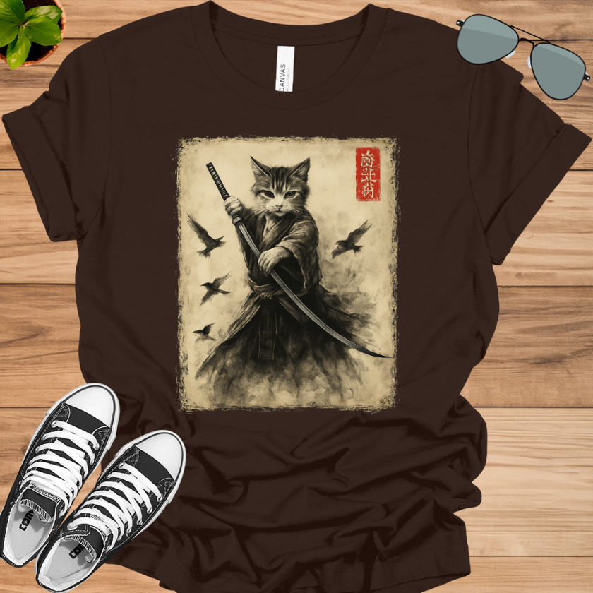 Samurai Cat Graphic Tee | Vintage Japanese Warrior Anime T-Shirt